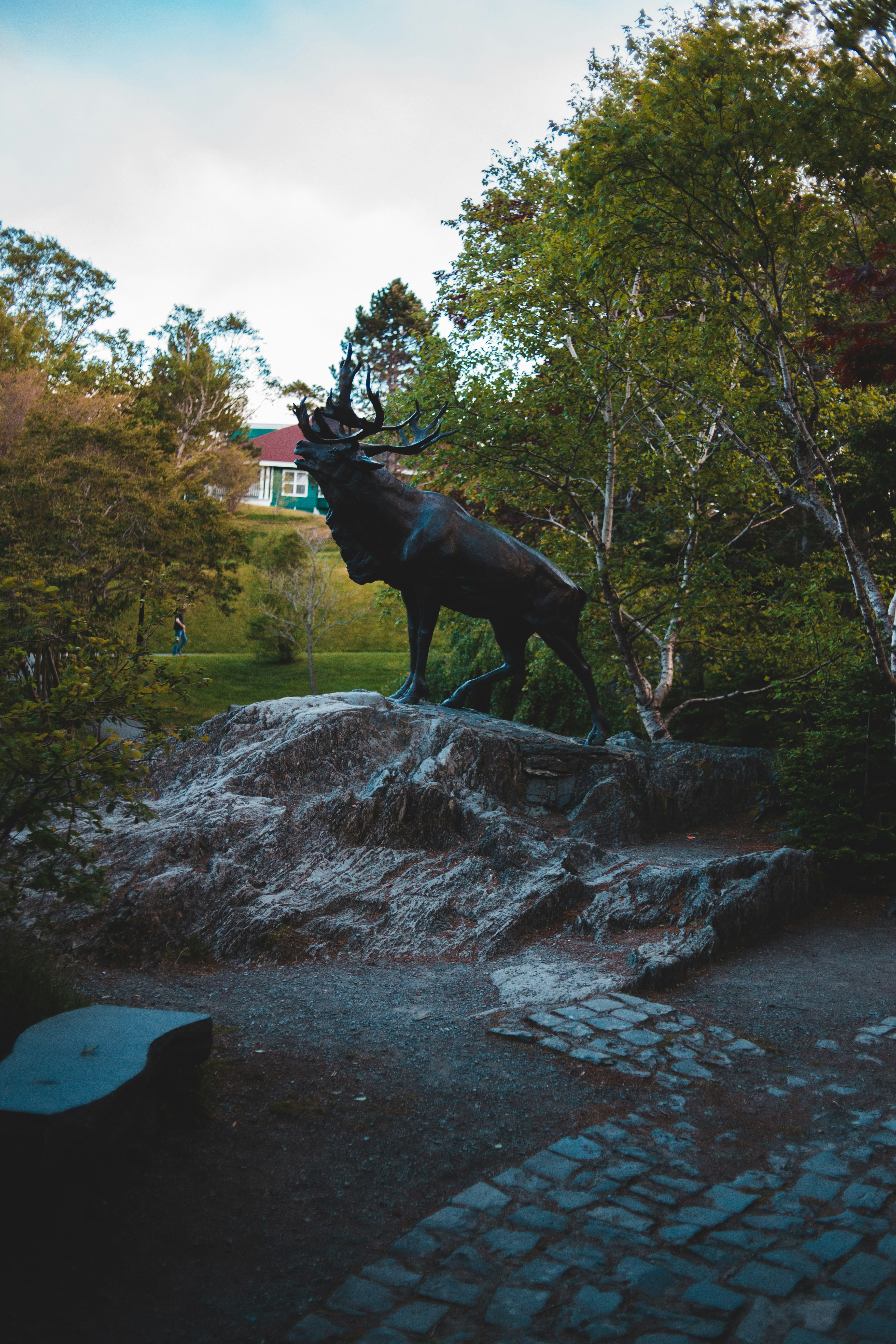 black horse statue on gray rock